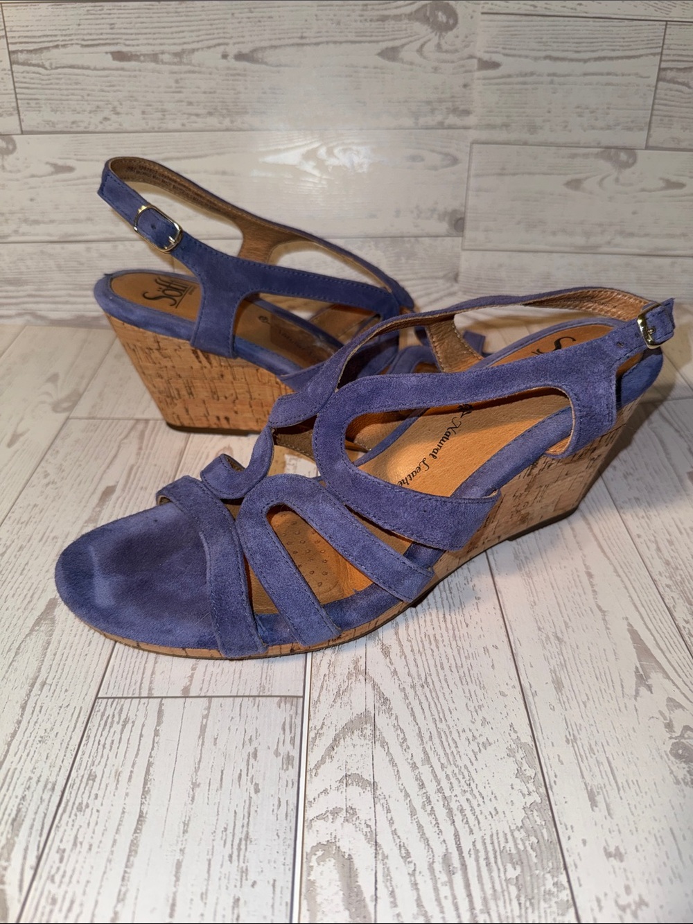 Sofft Periwinkle Suede Cork Wedge Sandals Sz 9